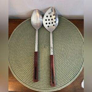 2 Vintage Stanhome Stainless Spoons 1 Slotted Teardrop 1 Regular Brown Handles.